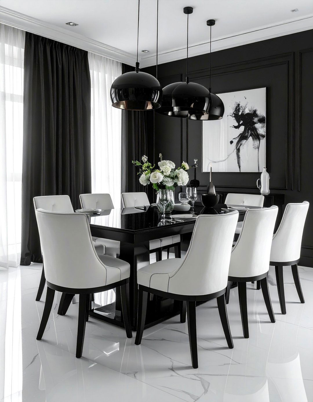 Black Dining Room with White Upholstered Chairs - 30 Black Dining Room Ideas for a Bold Statement