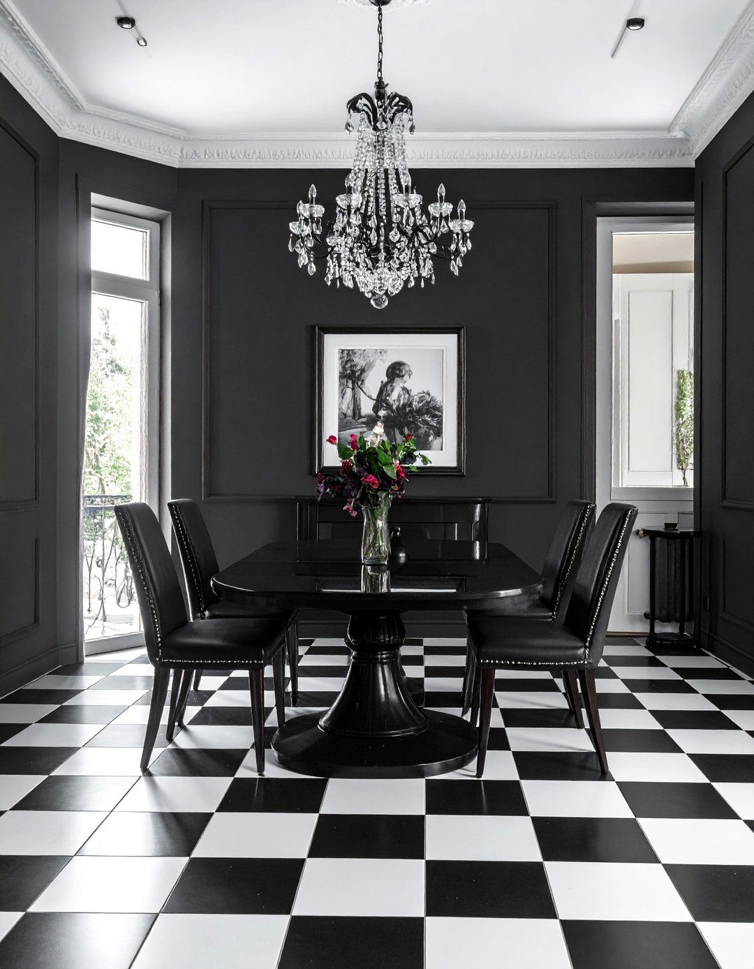 Black Dining Room with a Checkered Floor - 30 Black Dining Room Ideas for a Bold Statement