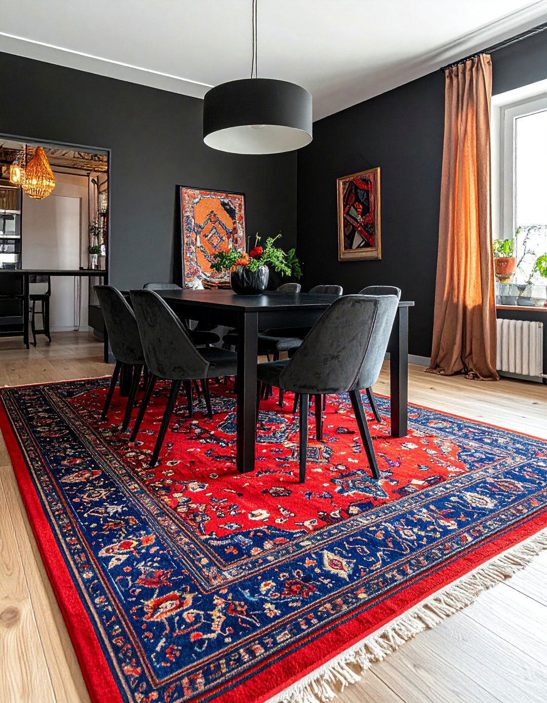 Black Dining Room with a Colorful Area Rug - 30 Black Dining Room Ideas for a Bold Statement