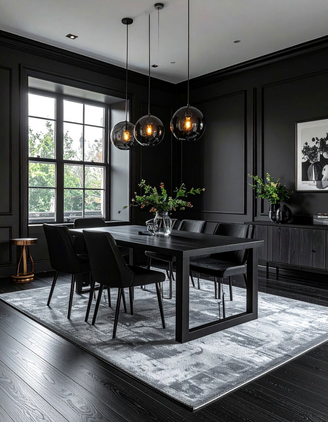 Black Dining Room with a Dark Wood Floor - 30 Black Dining Room Ideas for a Bold Statement
