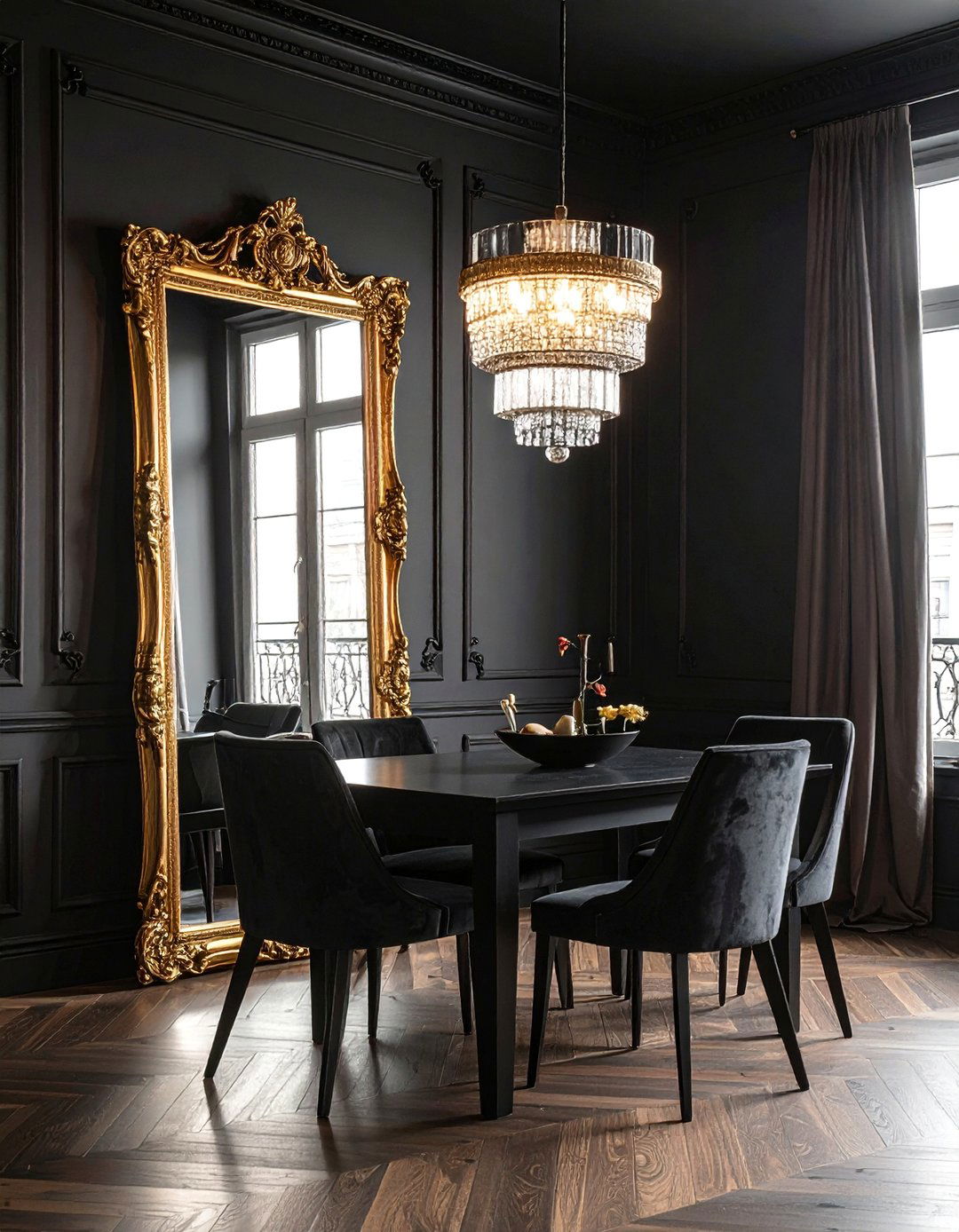 Black Dining Room with a Large Mirror - 30 Black Dining Room Ideas for a Bold Statement