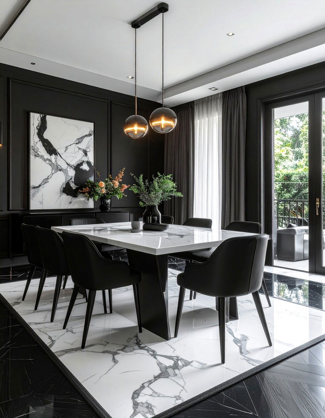 Black Dining Room with a Marble Dining Table - 30 Black Dining Room Ideas for a Bold Statement