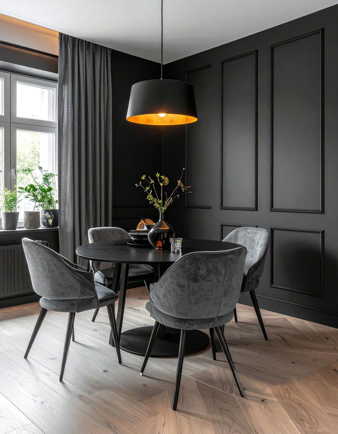 Black Dining Room with a Round Dining Table - 30 Black Dining Room Ideas for a Bold Statement