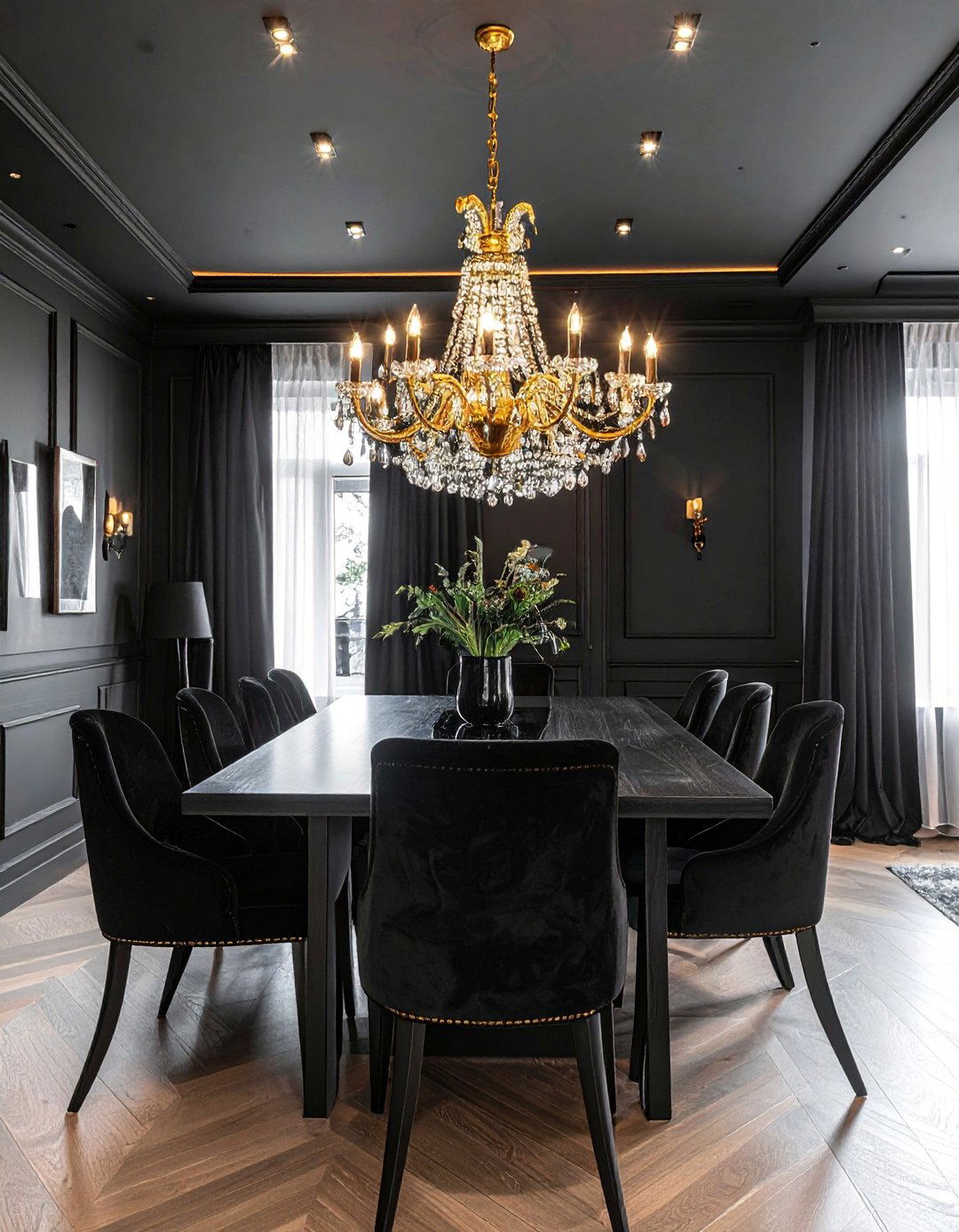 Black Dining Room with a Statement Gold Chandelier - 30 Black Dining Room Ideas for a Bold Statement