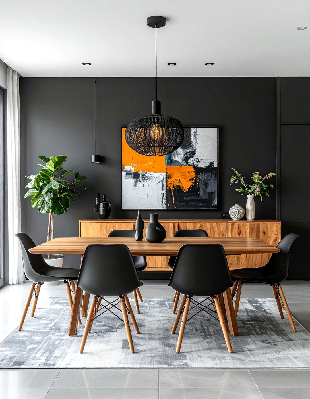 Black Dining Room with an Accent Wall