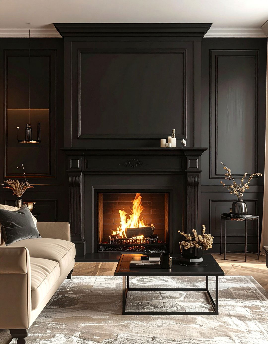 Black Fireplace Mantel and Surround - 30 Black and Beige Living Room Ideas for a Neutral Palette
