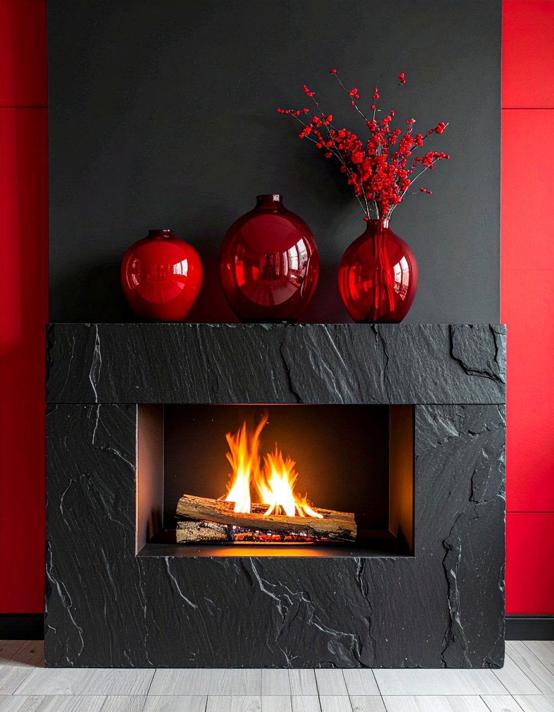 Black Fireplace with Red Mantel Decor - 25 Black and Red Living Room Ideas for Bold Interiors
