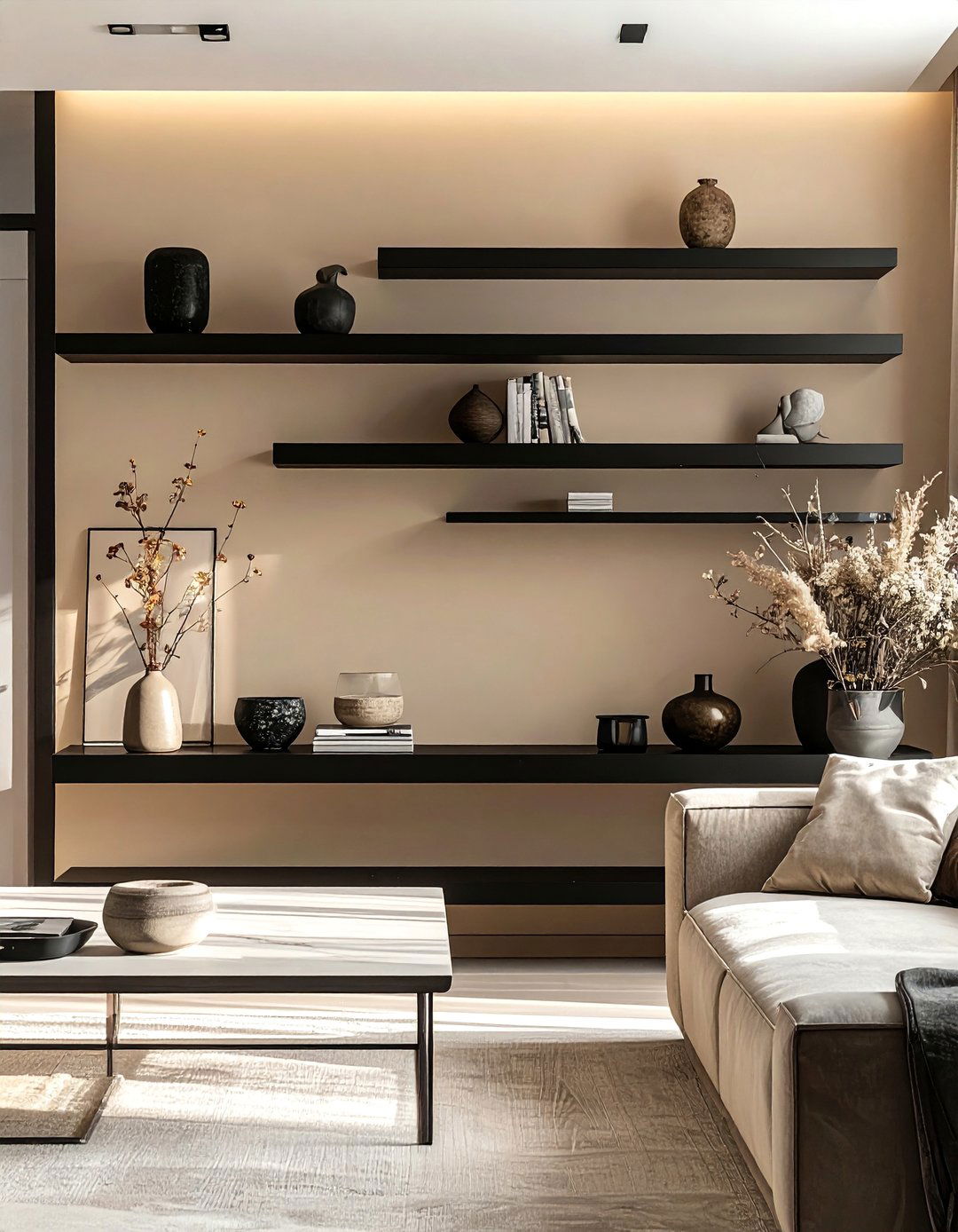 Black Floating Shelves on a Beige Wall - 30 Black and Beige Living Room Ideas for a Neutral Palette