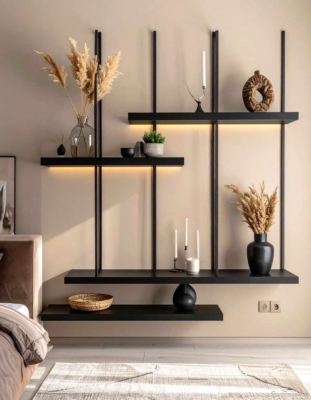 Black Floating Shelves on a Beige Wall - 20 Black and Beige Bedroom Design Ideas for Serenity