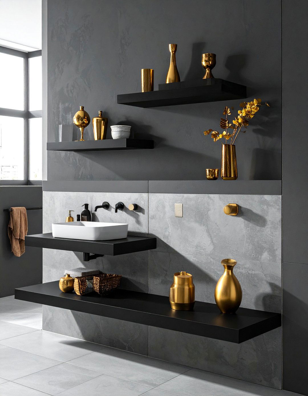 Black Floating Shelves with Gold Decor - 20 Black and Gold Bathroom Ideas for a Luxurious Feel