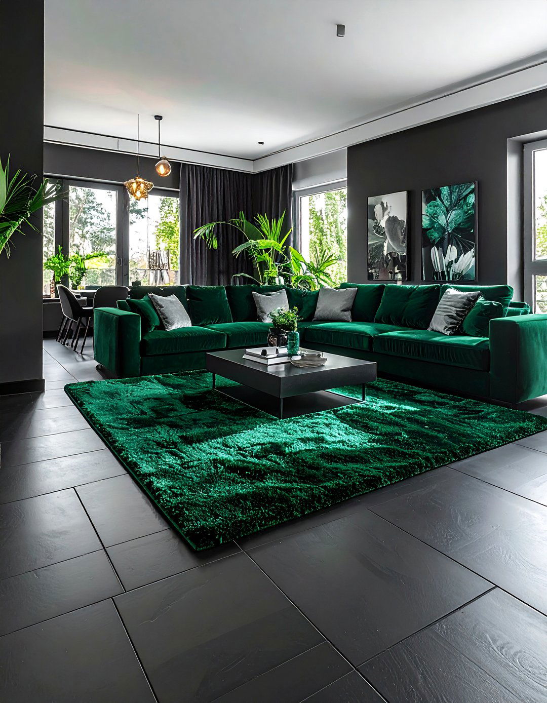 Black Flooring with a Plush Green Rug - 30 Black and Green Living Room Ideas for a Luxe Feel
