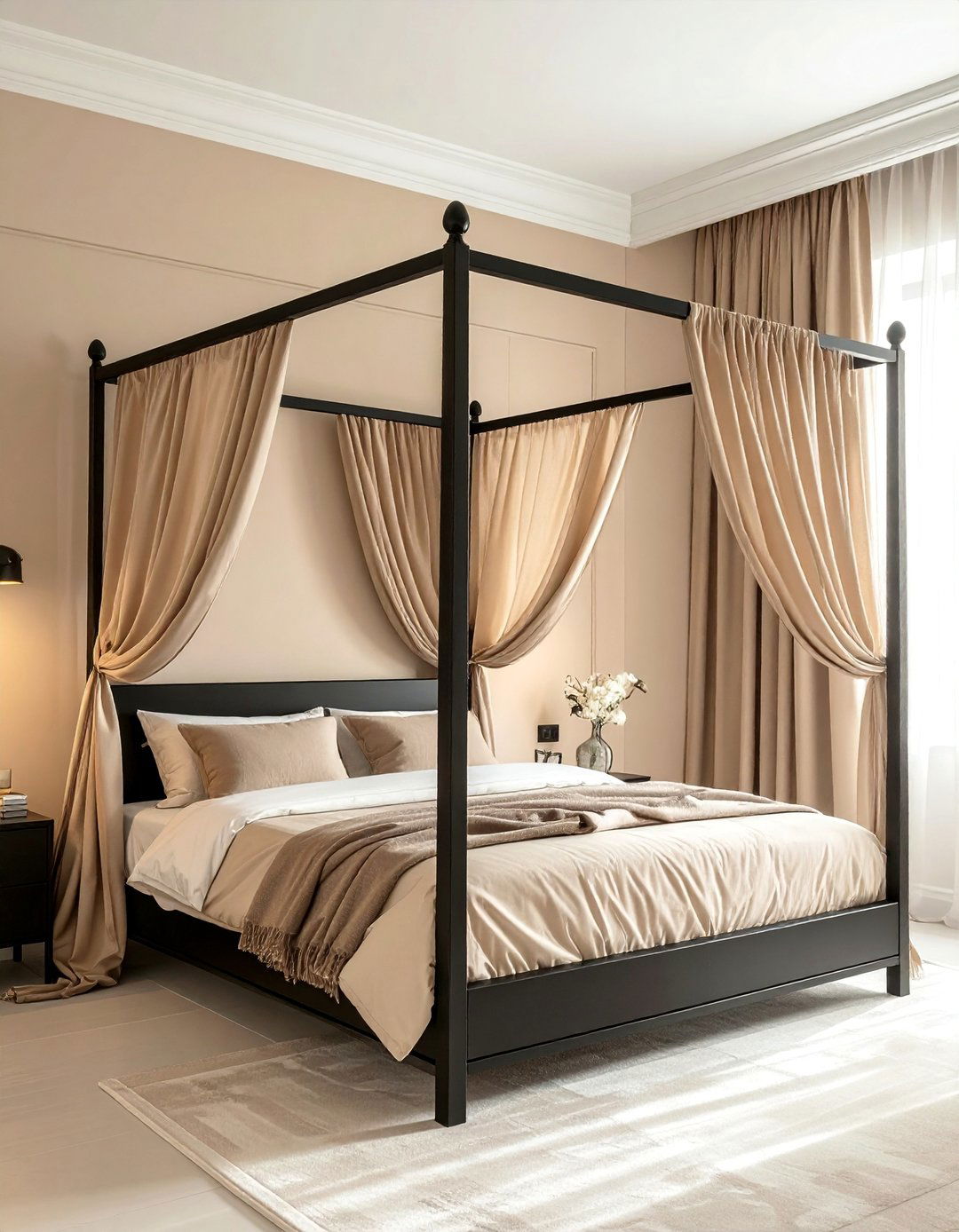 Black Four Poster Bed in a Beige Room - 20 Black and Beige Bedroom Design Ideas for Serenity