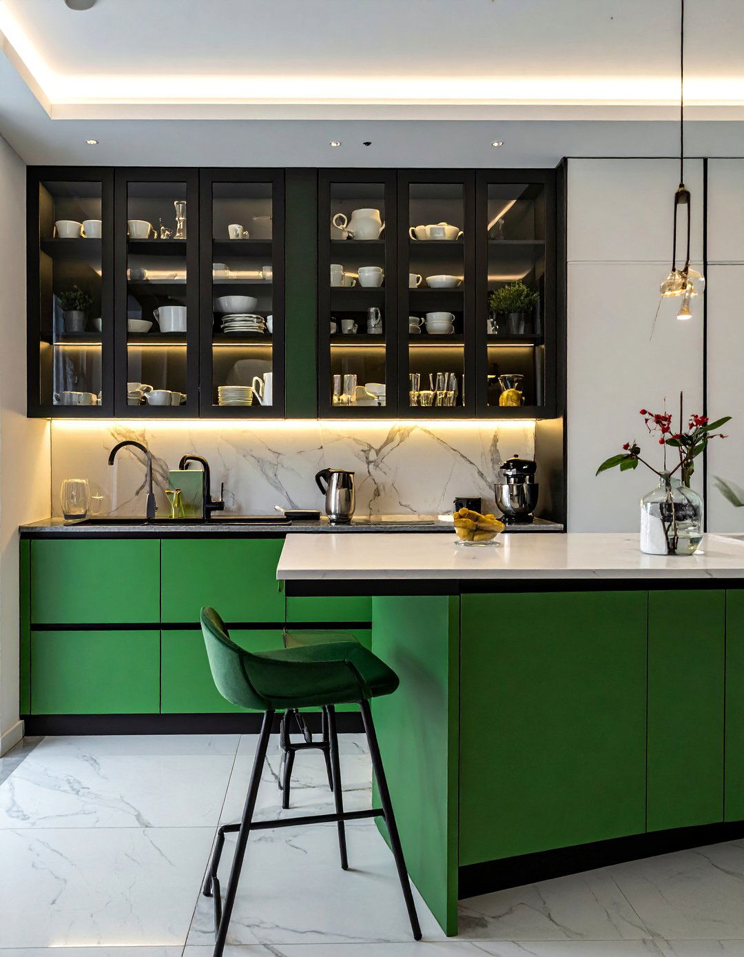 Black Framed Glass Doors on Green Cabinets - 30 Black and Green Kitchen Ideas for a Modern Twist