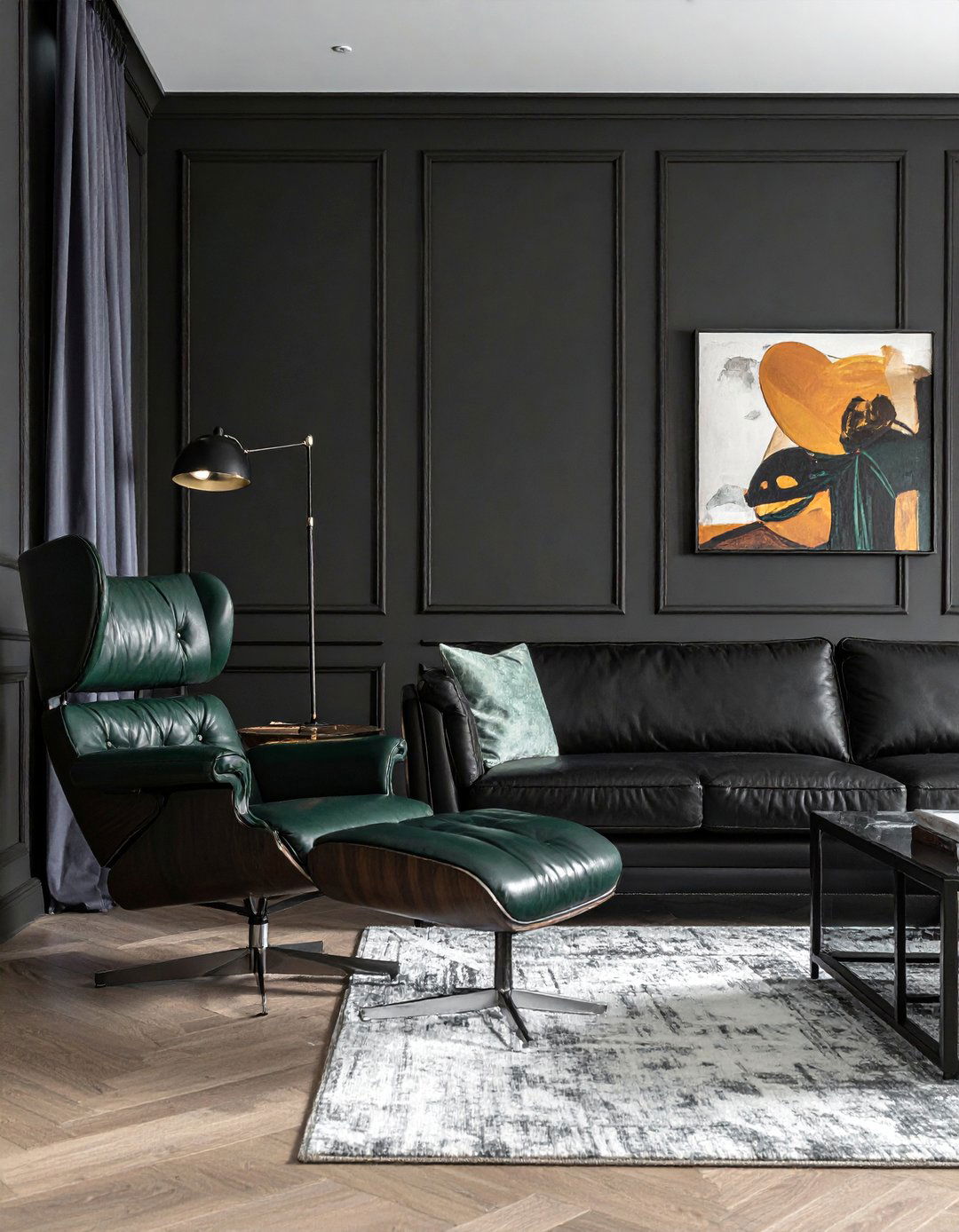 Black Furniture with Dark Green Leather Accents - 30 Black and Green Living Room Ideas for a Luxe Feel