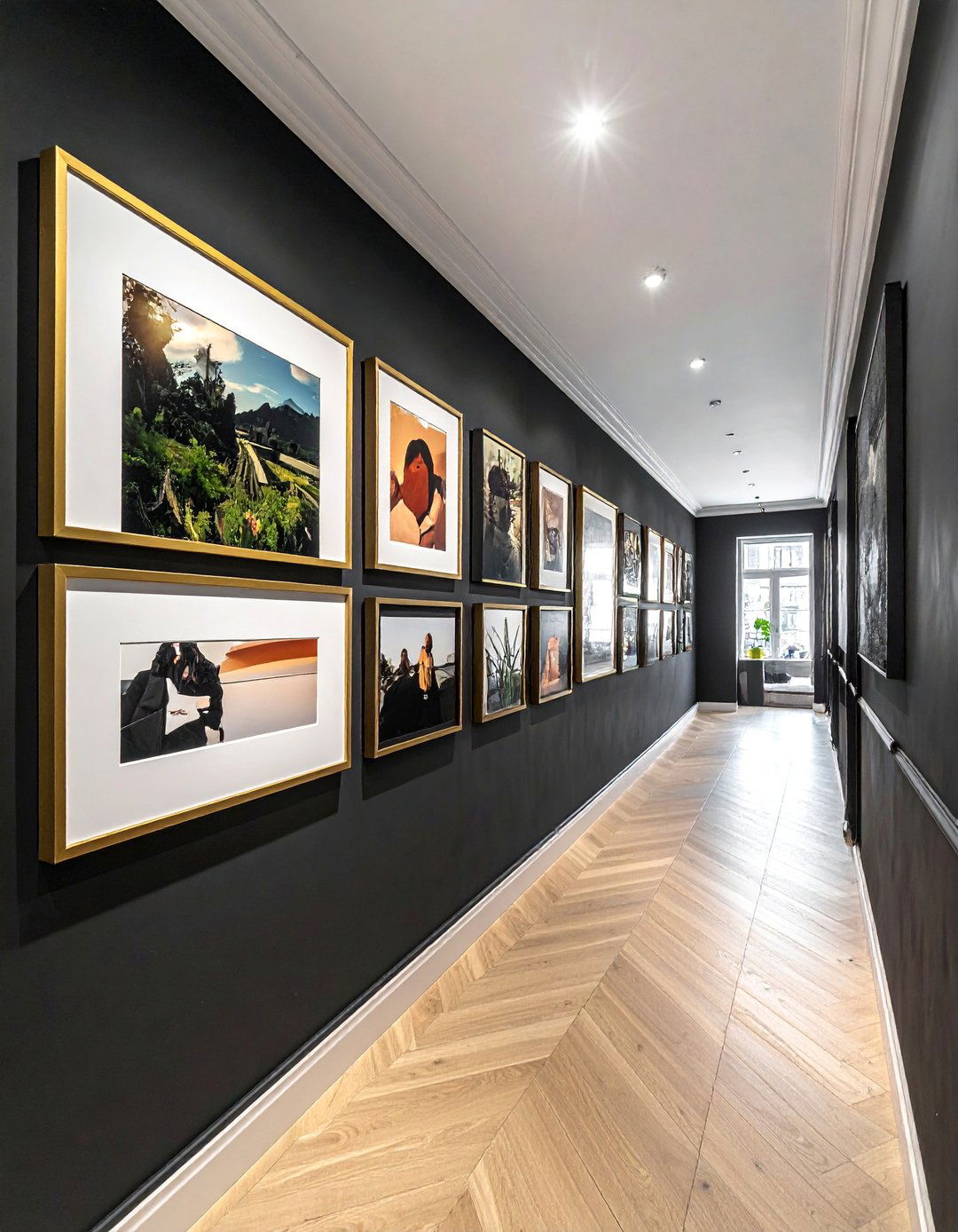 Black Gallery Wall with Contrasting Frames - 15 Black Hallway Ideas to Make a Bold Statement
