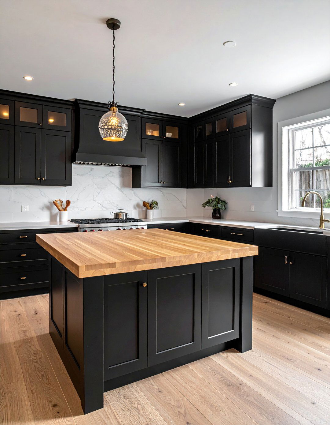 Black Glazed Cabinets with a Maple Butcher Block - 25 Stunning Kitchen Ideas with Black Cabinets & Wood Countertops