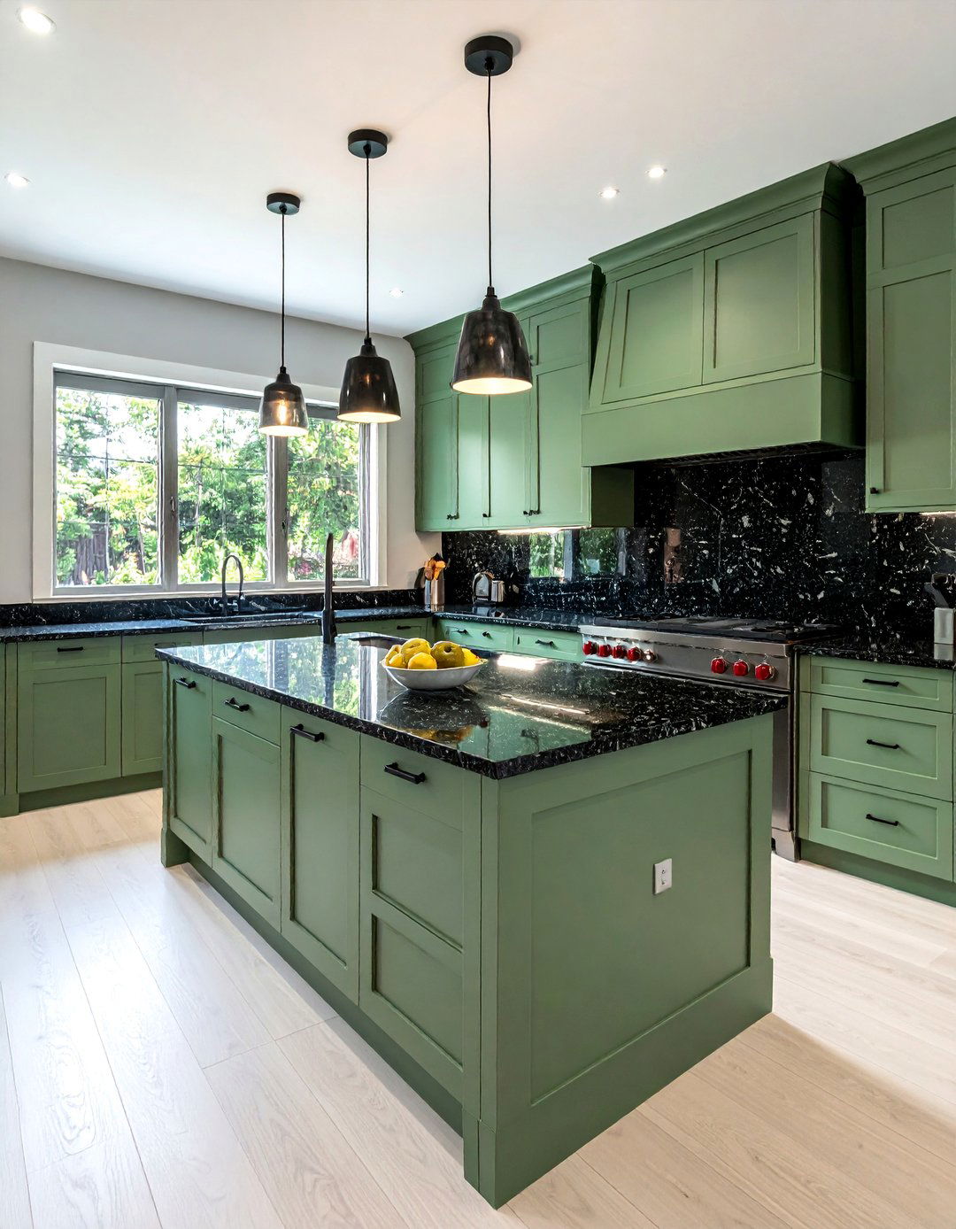 Black Granite Countertops on a Sage Green Base - 30 Black and Green Kitchen Ideas for a Modern Twist