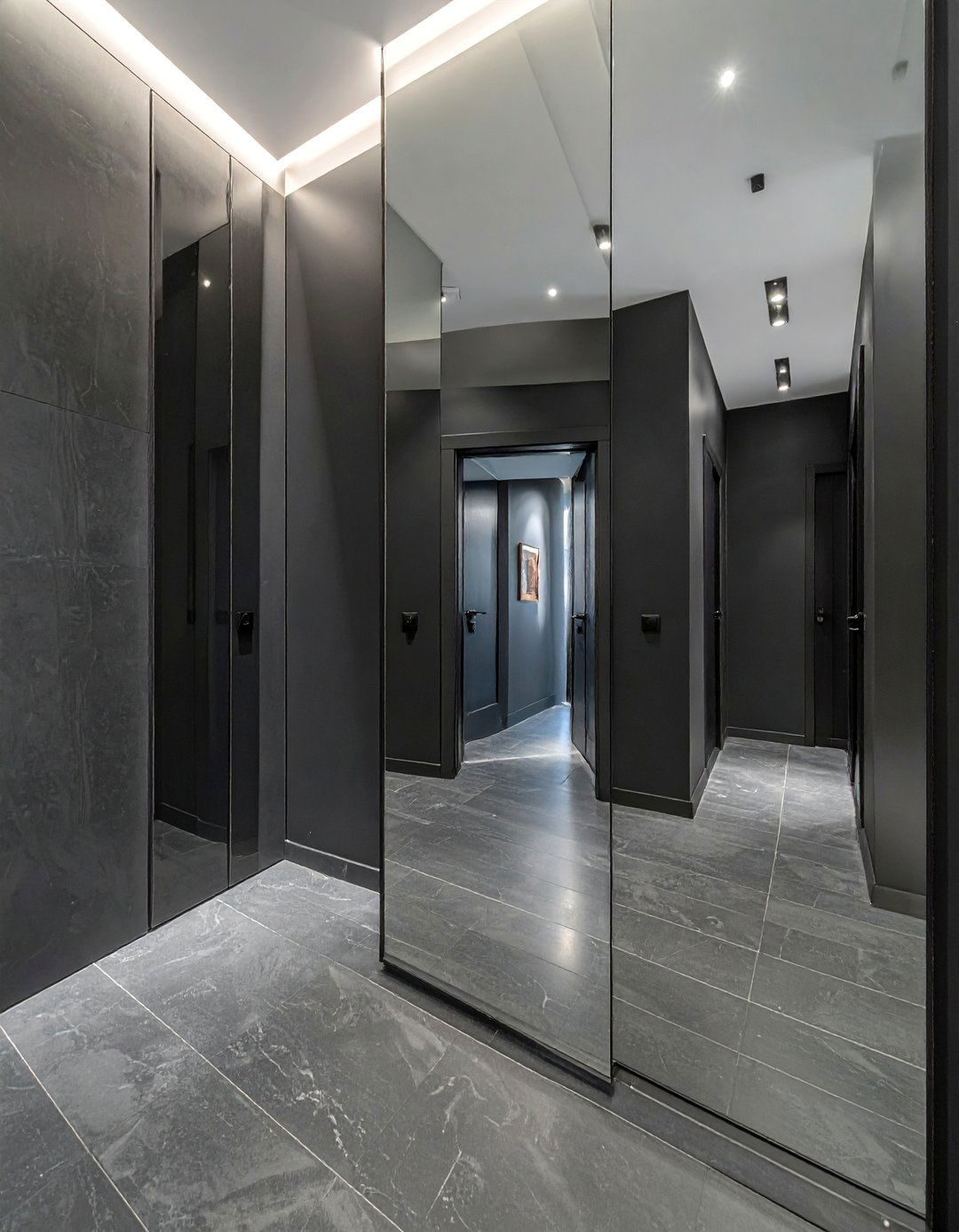 Black Hallway with Large Mirrors - 15 Black Hallway Ideas to Make a Bold Statement