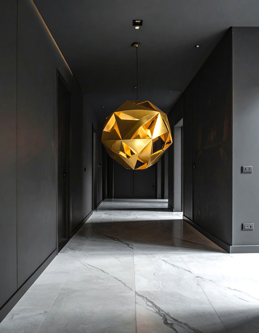 Black Hallway with Statement Lighting - 15 Black Hallway Ideas to Make a Bold Statement