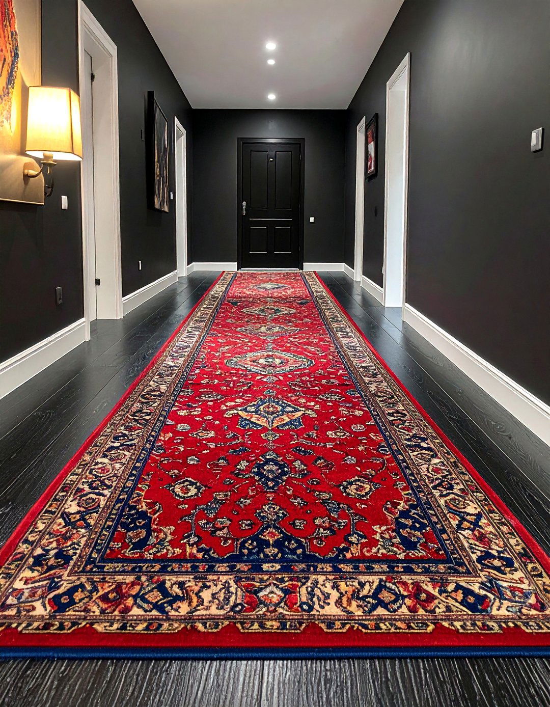Black Hallway with a Colorful Runner - 15 Black Hallway Ideas to Make a Bold Statement
