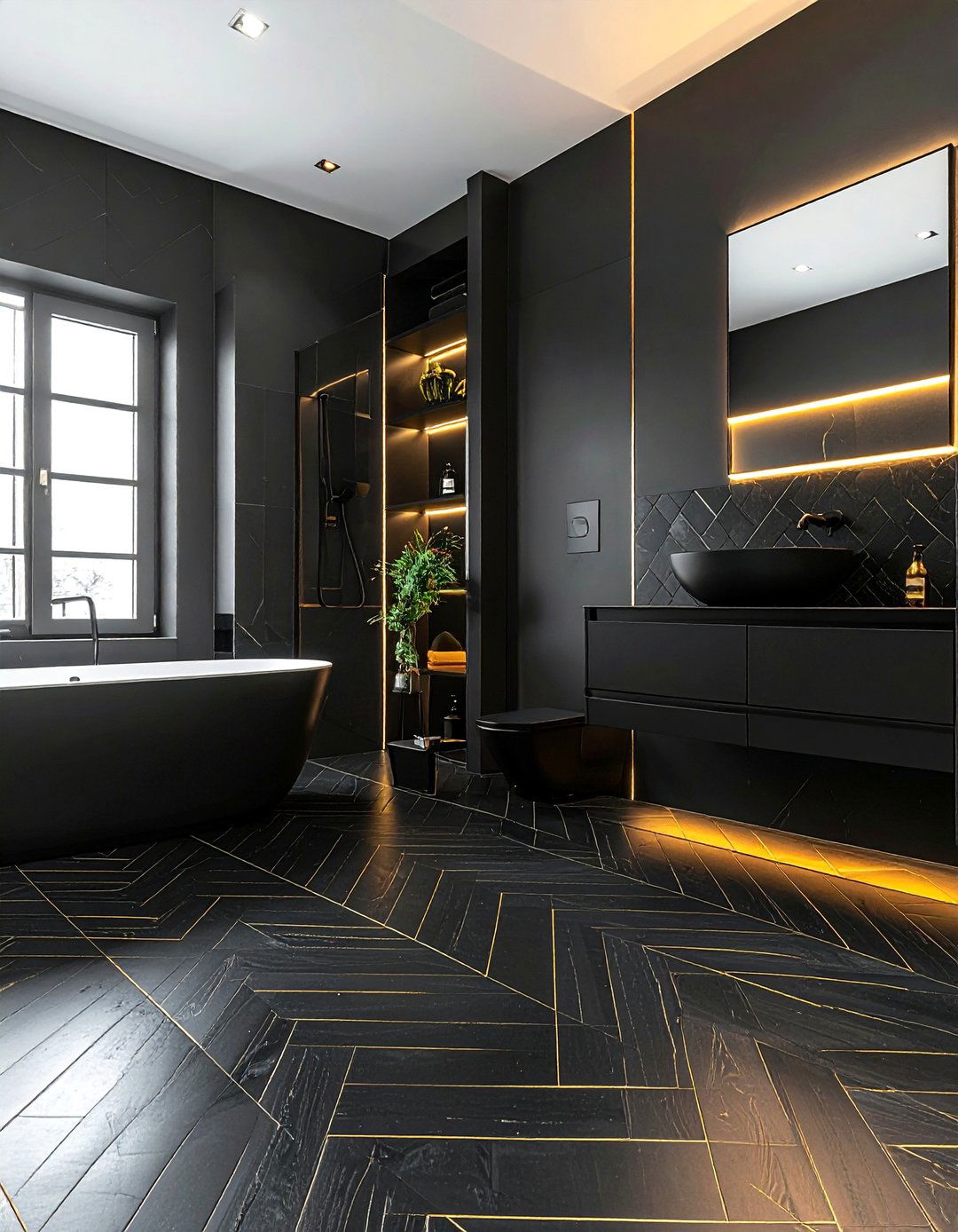 Black Herringbone Tiled Floor with Gold Grout - 20 Black and Gold Bathroom Ideas for a Luxurious Feel
