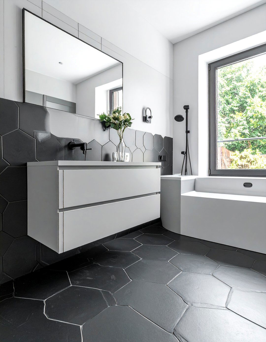 Black Hexagon Floor Tiles - 20 Black and Grey Bathroom Ideas for a Stylish Retreat