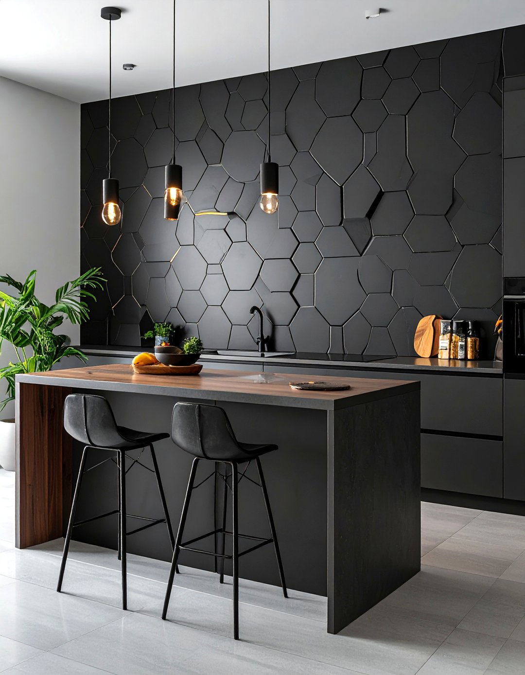 Black Hexagon Tile Statement Wall - 40 Kitchen Backsplash Ideas for White Cabinets