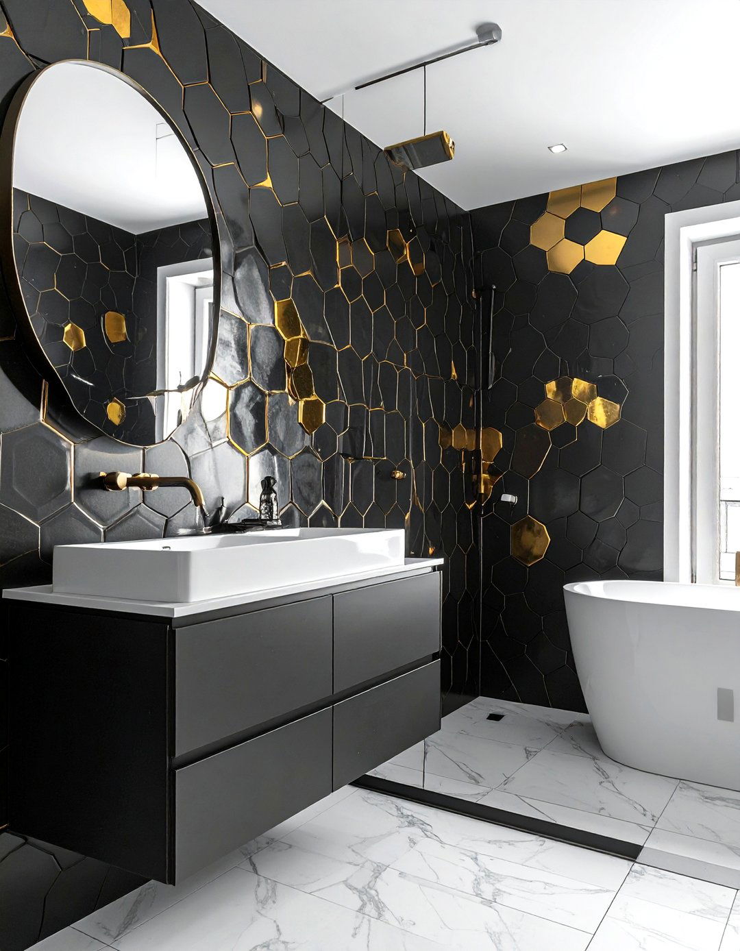 Black Hexagon Tiles with Gold Accents - 20 Black and Gold Bathroom Ideas for a Luxurious Feel