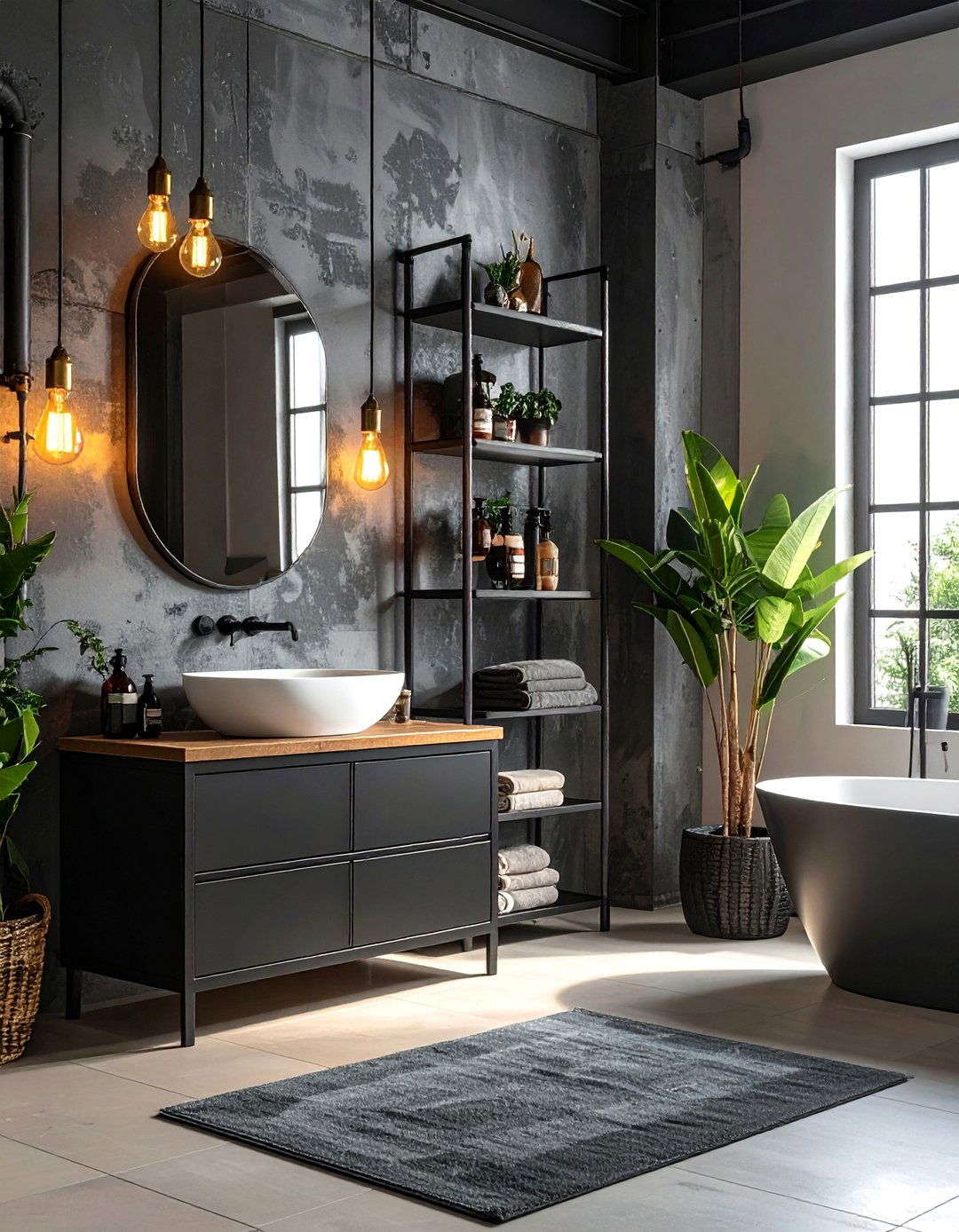 Black Industrial Fixtures with Gold Bulbs - 20 Black and Gold Bathroom Ideas for a Luxurious Feel