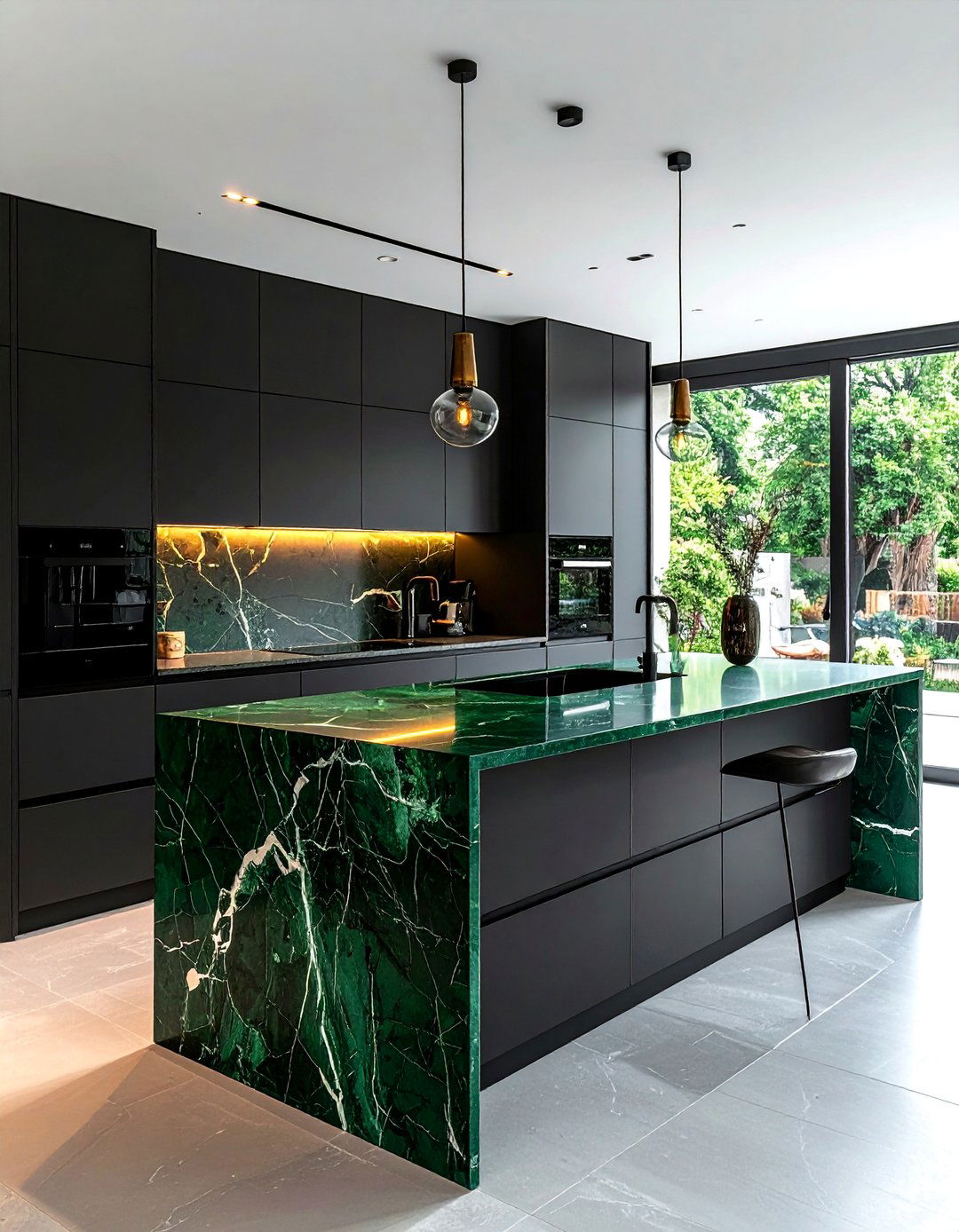 Black Island with a Green Quartz Countertop - 30 Black and Green Kitchen Ideas for a Modern Twist
