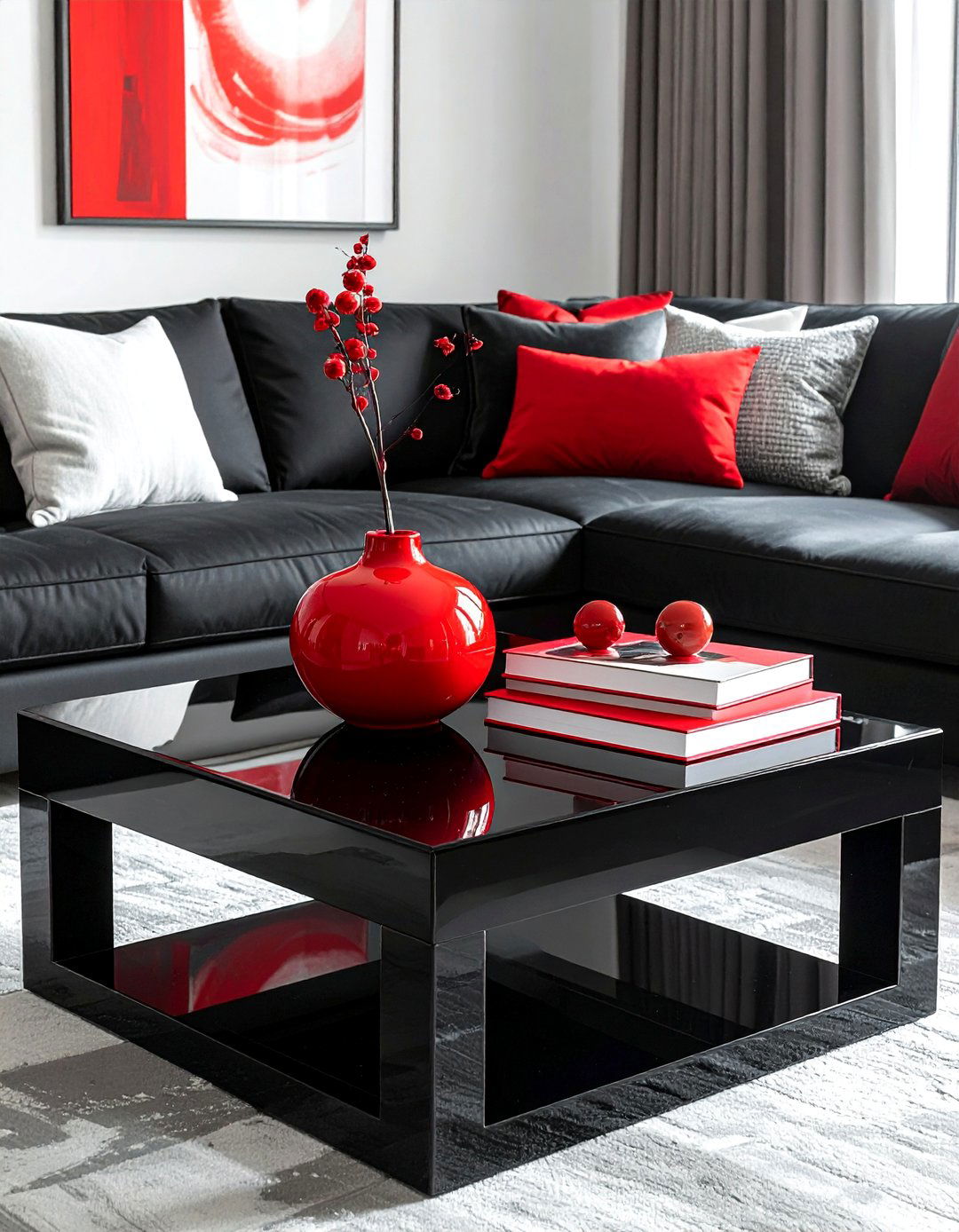 Black Lacquer Coffee Table with Red Decorative Objects - 25 Black and Red Living Room Ideas for Bold Interiors