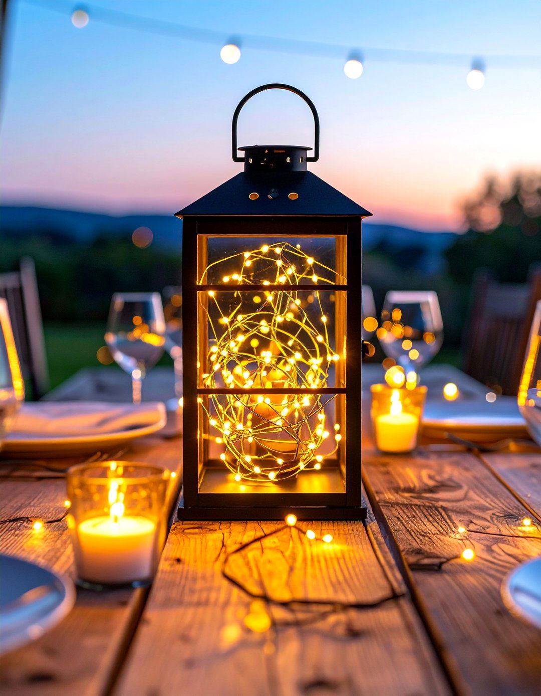 Black Lantern with Gold Fairy Lights Centerpiece - 20 Black and Gold Centerpiece Ideas for Elegant Tables