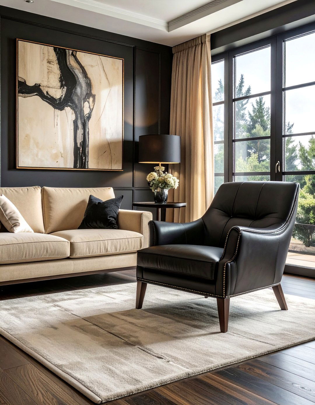 Black Leather Accent Pieces - 30 Black and Beige Living Room Ideas for a Neutral Palette