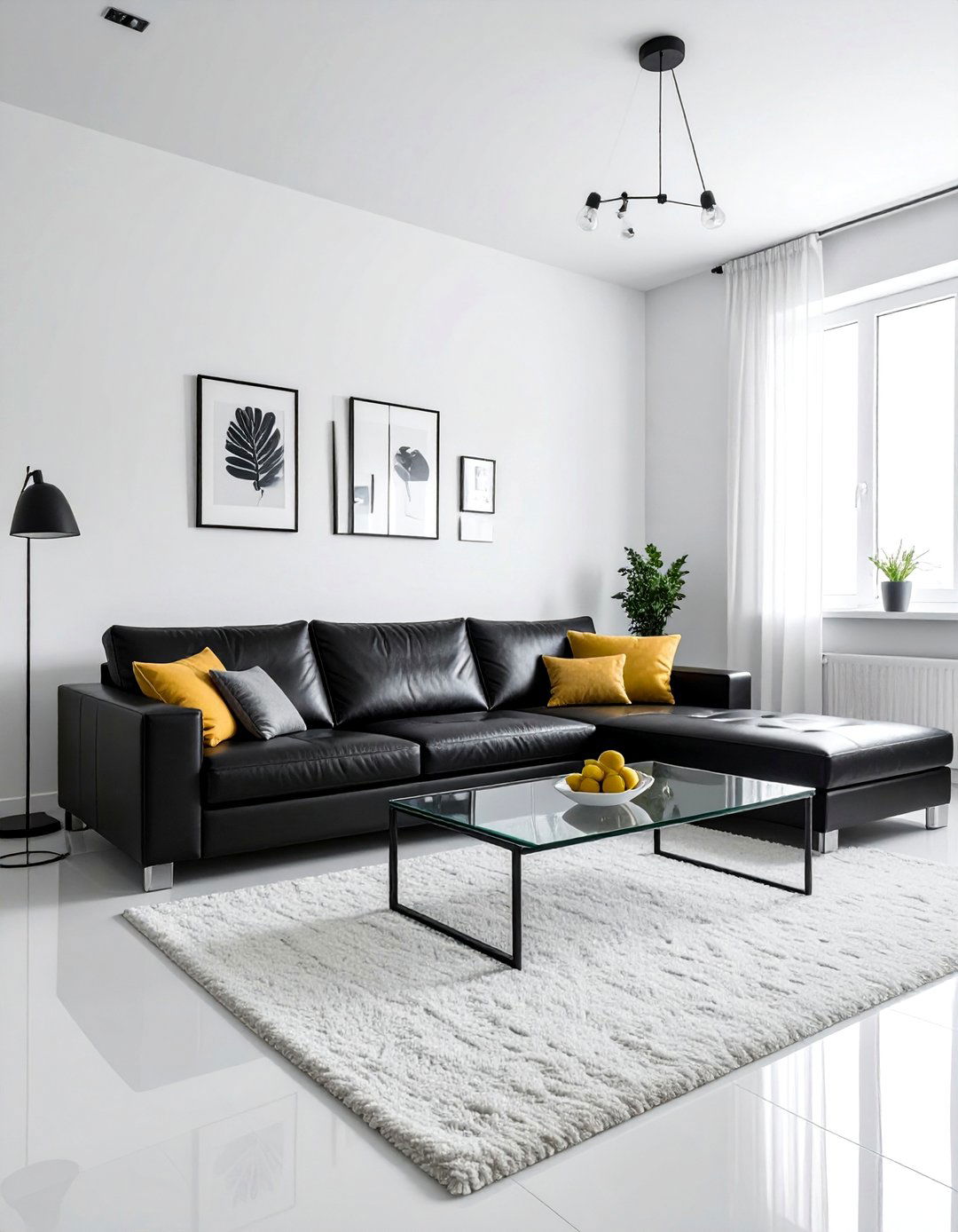 Black Leather Sofa in a White Living Room - 30 Black and White Living Room Ideas for Timeless Style
