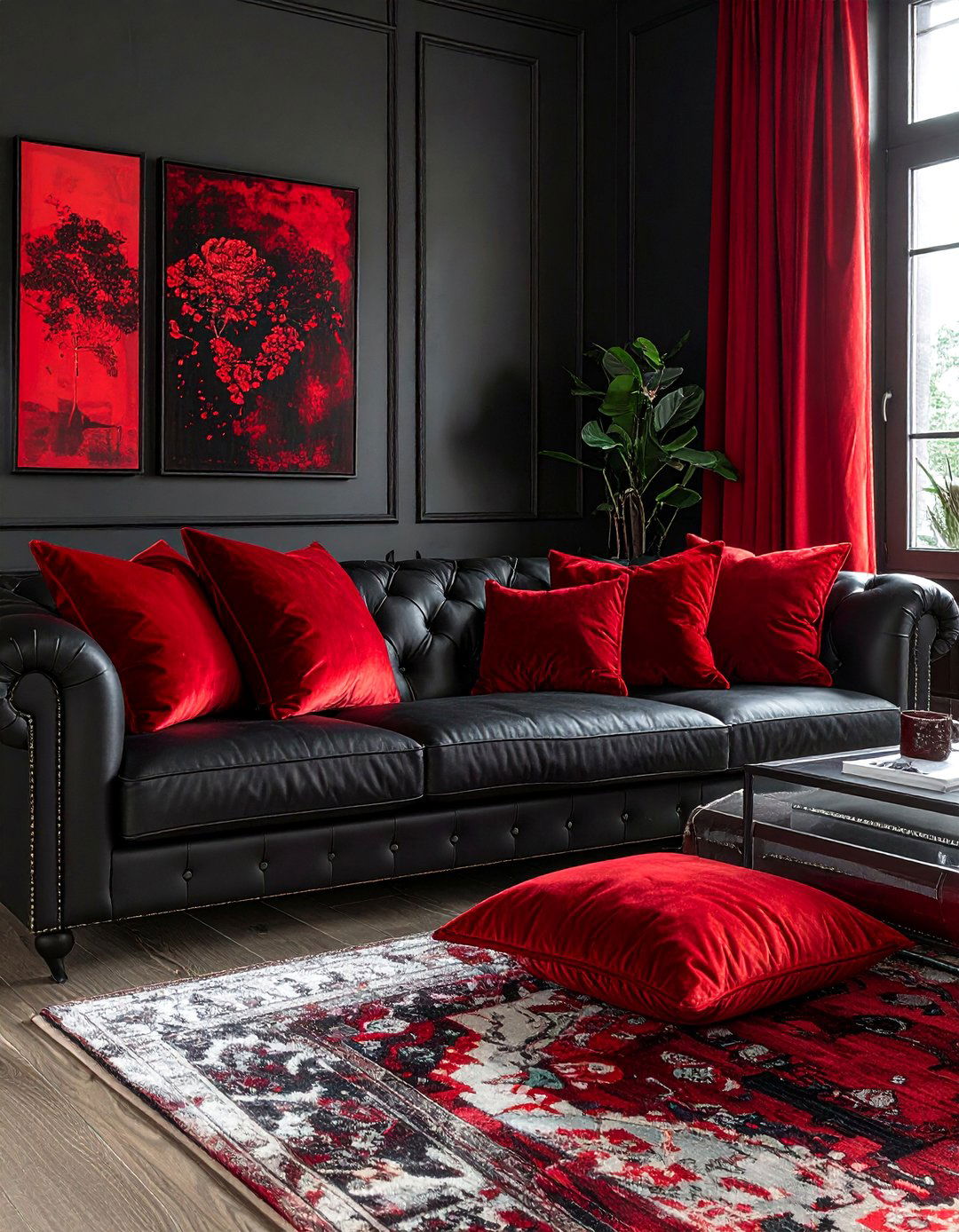 Black Leather Sofa with Red Throw Pillows - 25 Black and Red Living Room Ideas for Bold Interiors