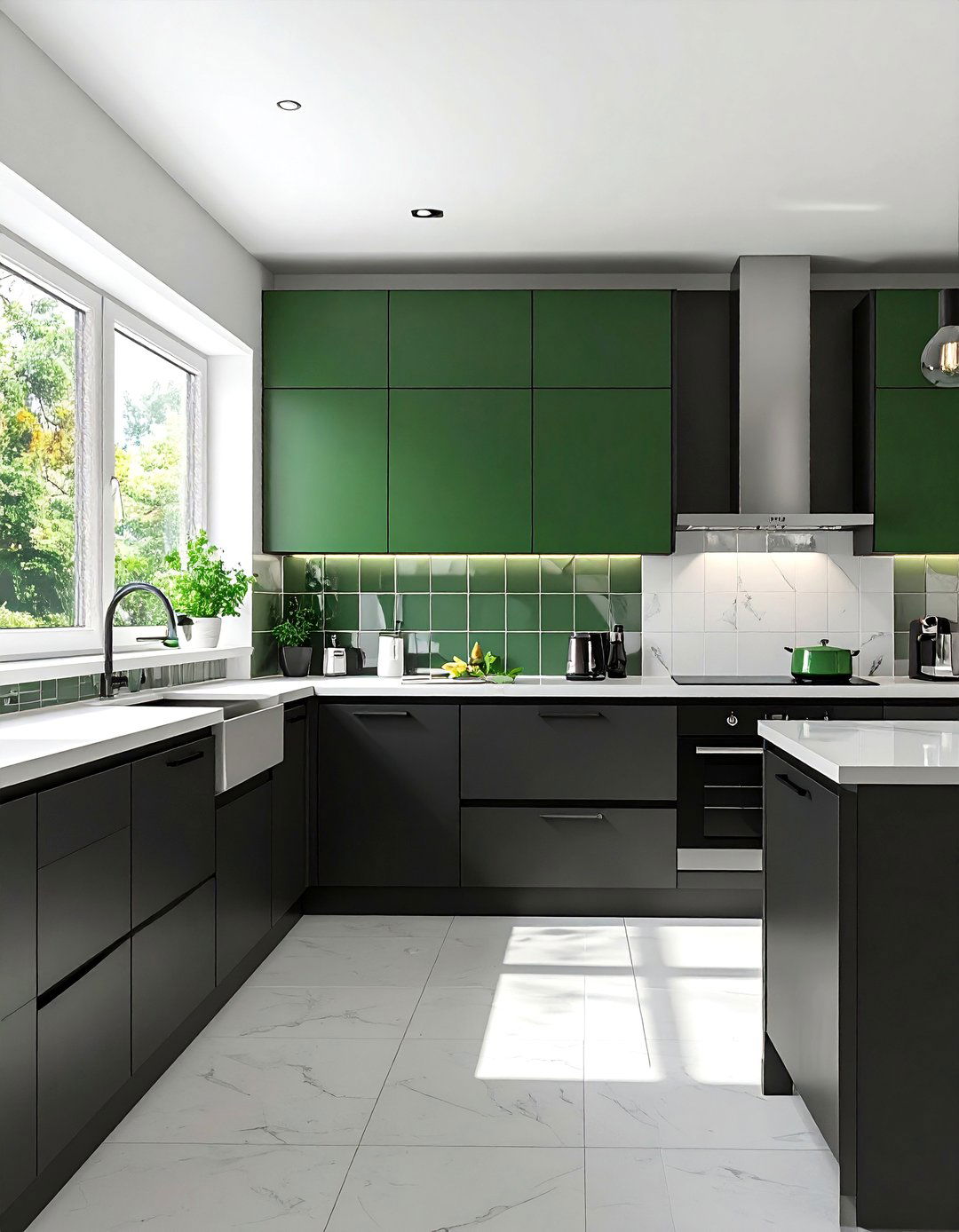 Black Lower Cabinets and Forest Green Upper Cabinets - 30 Black and Green Kitchen Ideas for a Modern Twist