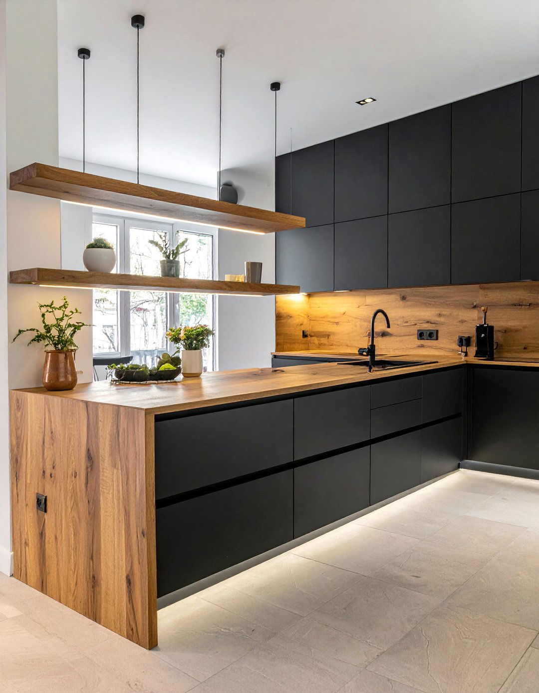 Black Lower Cabinets with a Floating Wood Countertop Shelf - 25 Stunning Kitchen Ideas with Black Cabinets & Wood Countertops