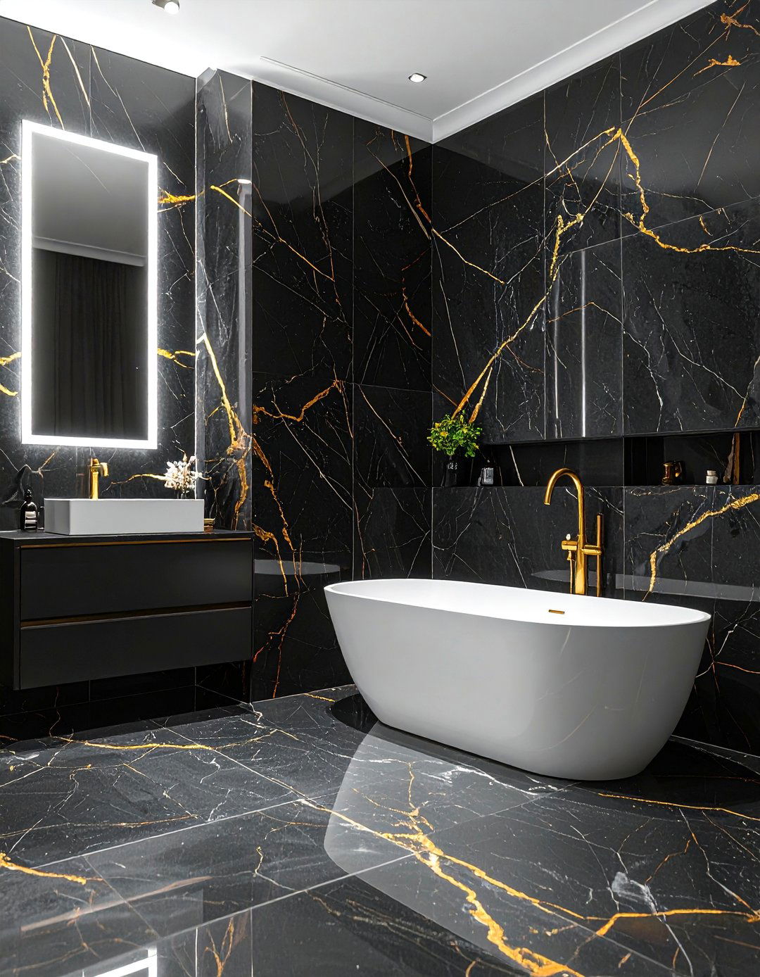 Black Marble Walls with Gold Veining - 20 Black and Gold Bathroom Ideas for a Luxurious Feel