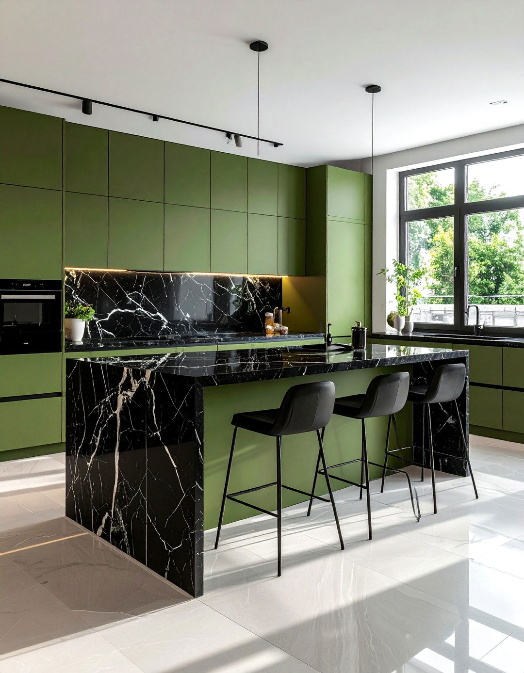 Black Marble Waterfall Island with Olive Green Cabinetry - 30 Black and Green Kitchen Ideas for a Modern Twist