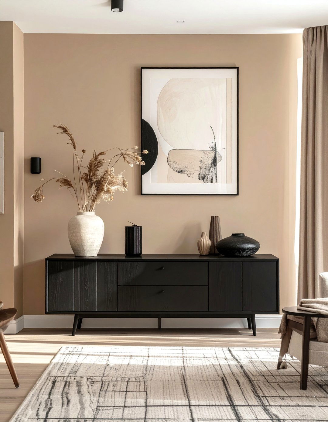 Black Media Console in a Beige Room - 30 Black and Beige Living Room Ideas for a Neutral Palette