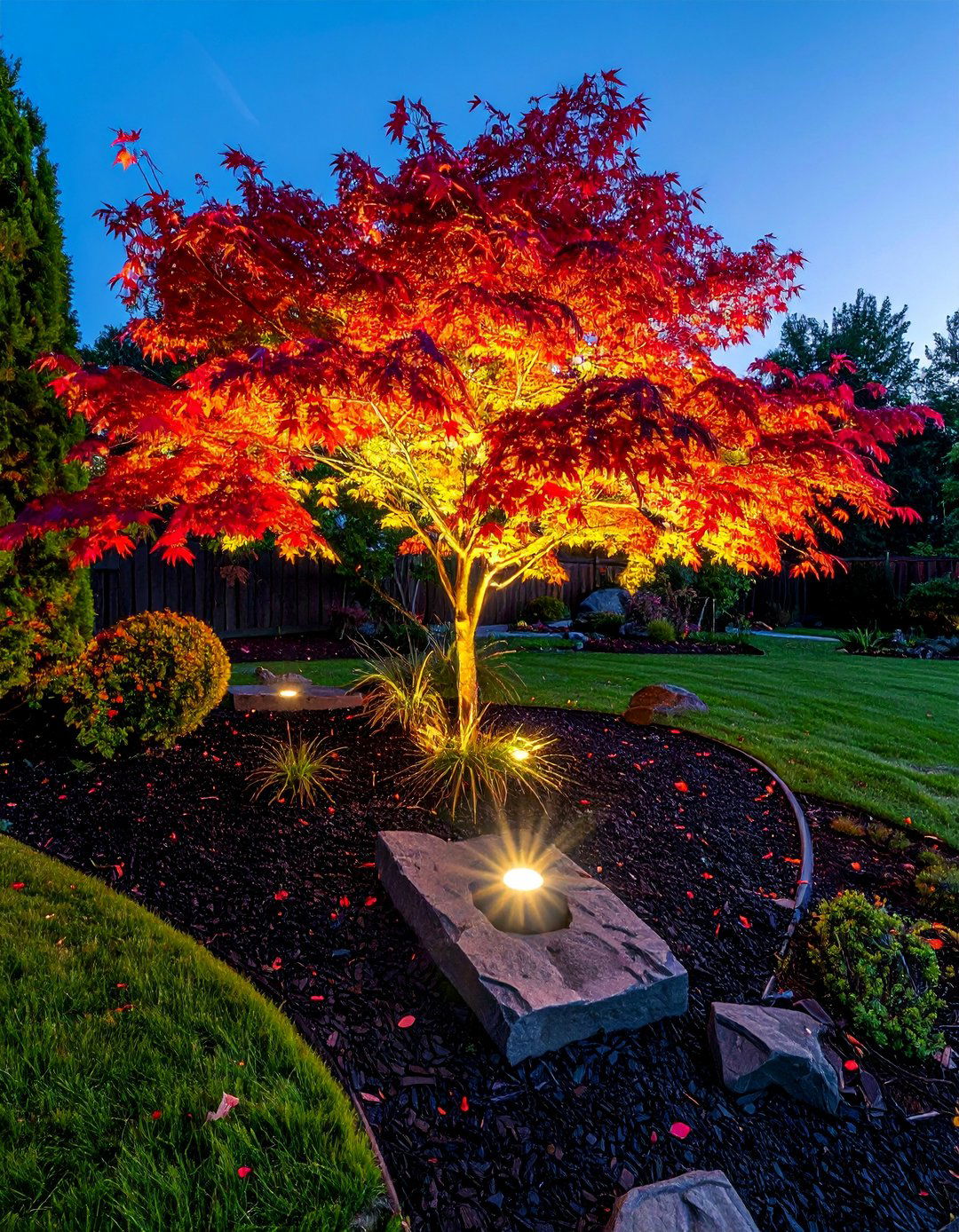 Black Mulch Accenting Landscape Lighting - 25 Black Mulch Landscaping Ideas for a Sleek Garden