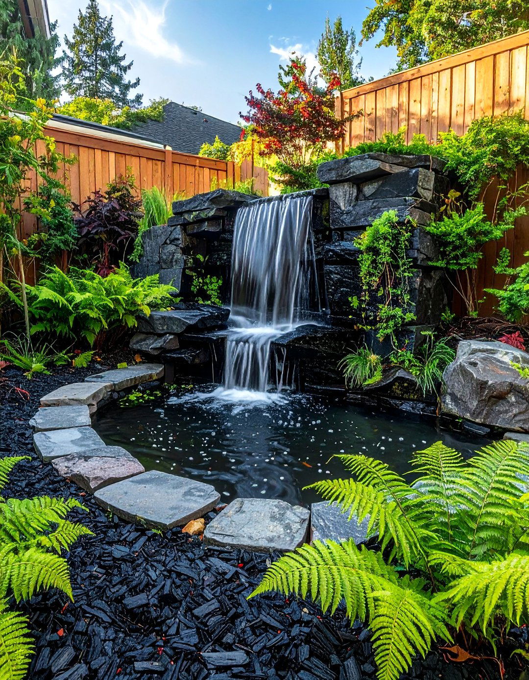 Black Mulch Around a Water Feature - 25 Black Mulch Landscaping Ideas for a Sleek Garden