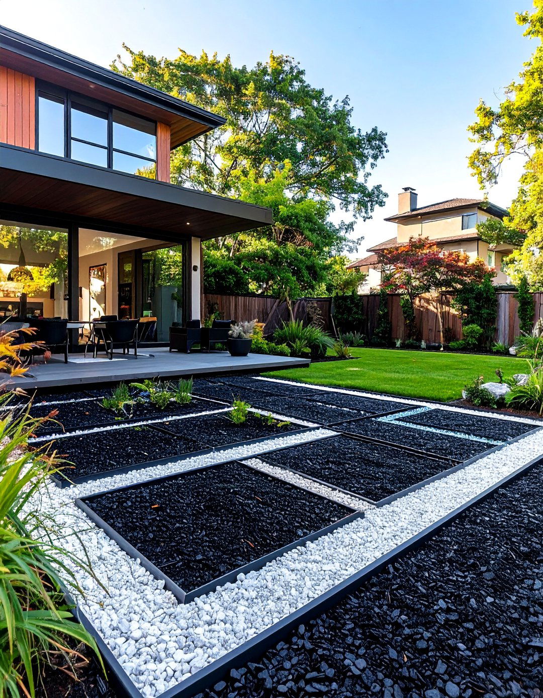 Black Mulch Creating Geometric Patterns - 25 Black Mulch Landscaping Ideas for a Sleek Garden