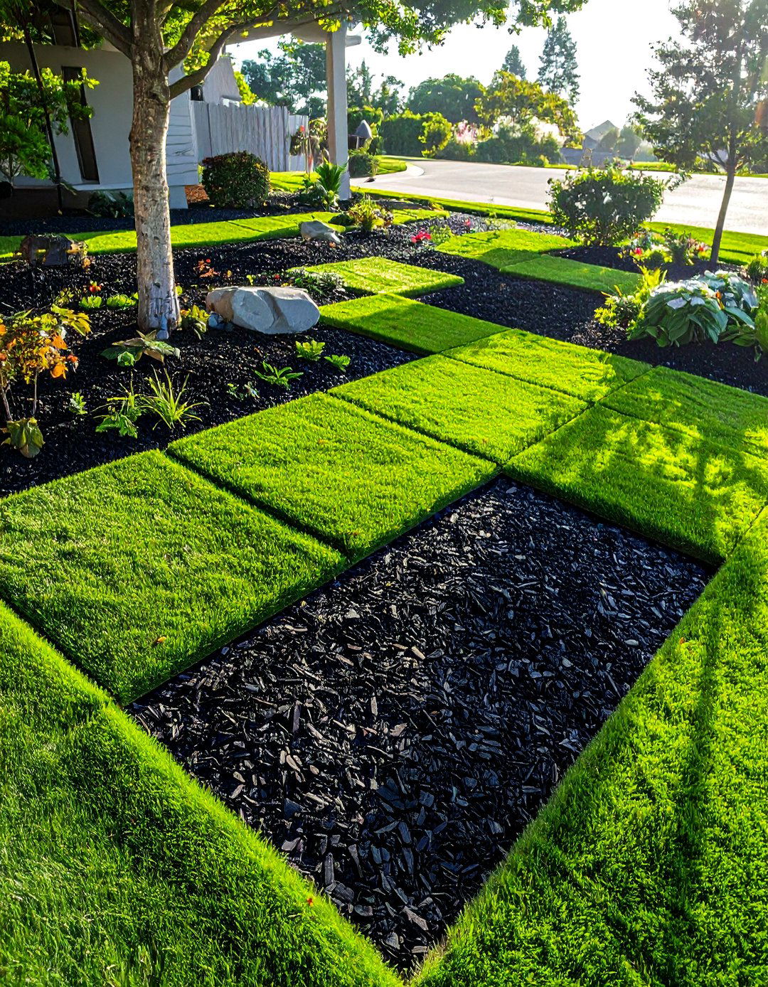 Black Mulch Creating a Checkerboard Effect - 25 Black Mulch Landscaping Ideas for a Sleek Garden