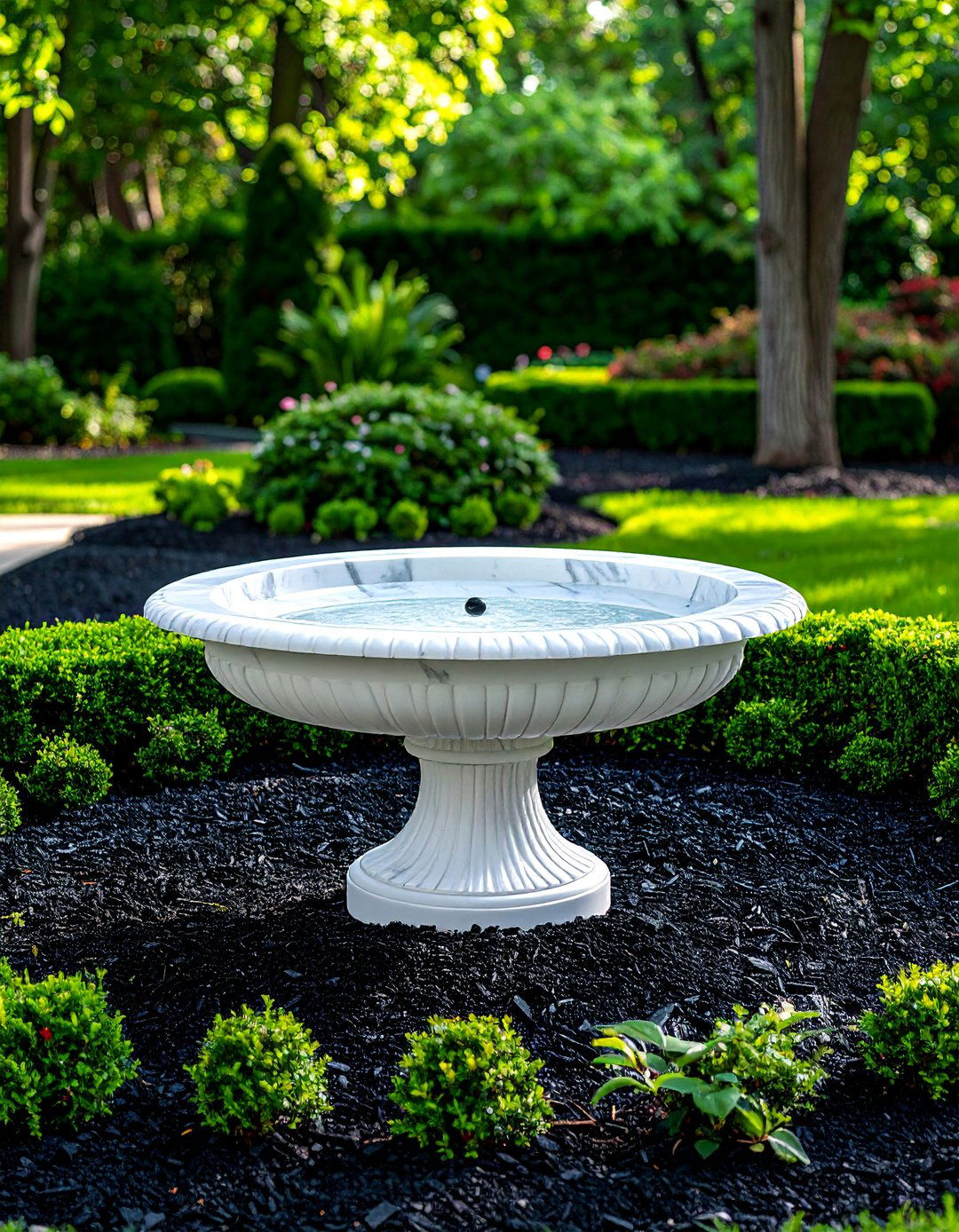 Black Mulch Highlighting Garden Statuary - 25 Black Mulch Landscaping Ideas for a Sleek Garden