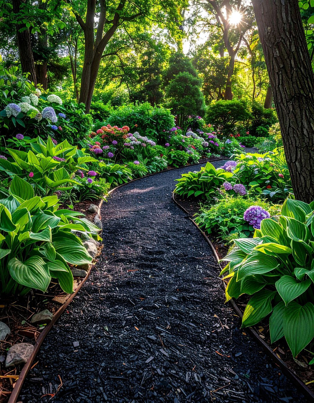 Black Mulch Pathways Through a Garden - 25 Black Mulch Landscaping Ideas for a Sleek Garden