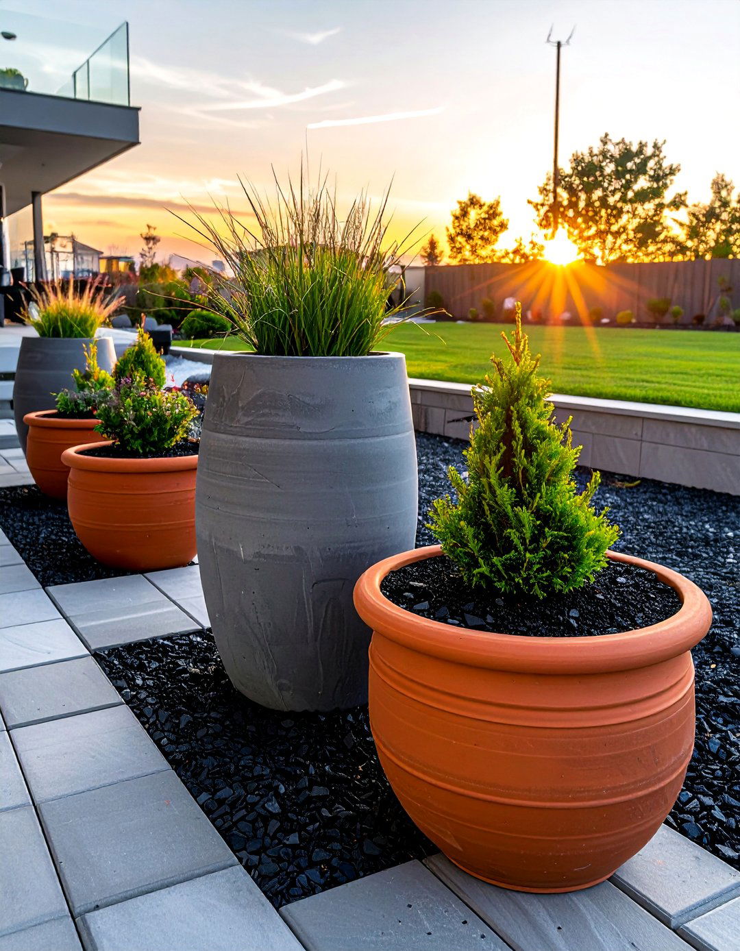 Black Mulch in a Container Garden Arrangement - 25 Black Mulch Landscaping Ideas for a Sleek Garden