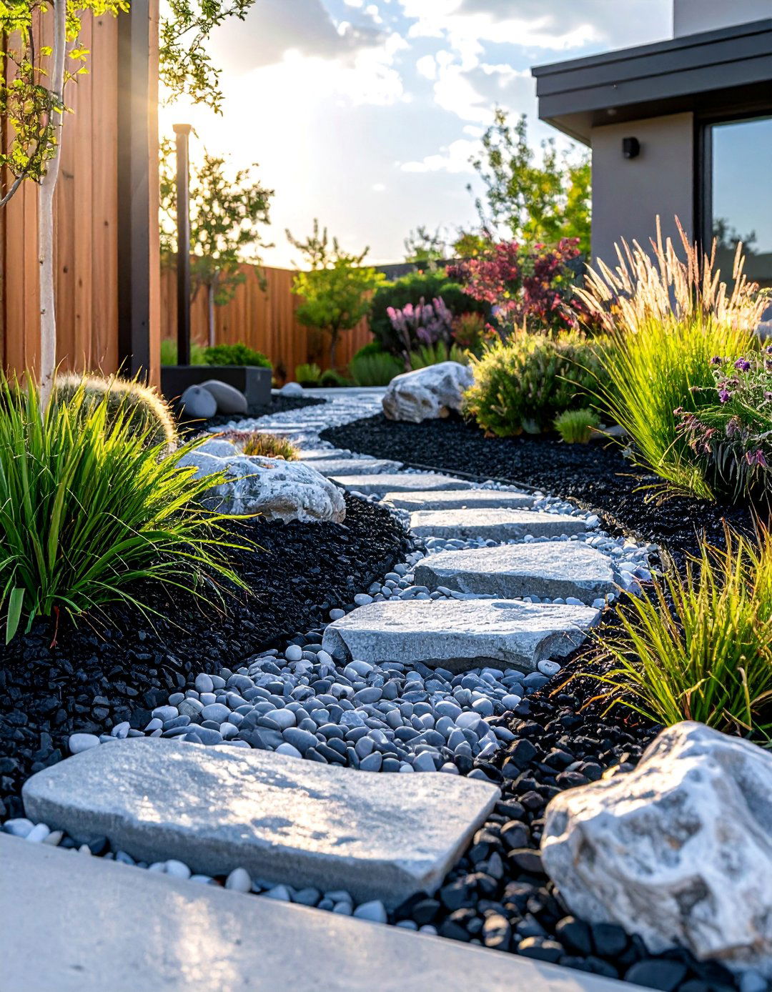 Black Mulch in a Rock and Mulch Combination - 25 Black Mulch Landscaping Ideas for a Sleek Garden
