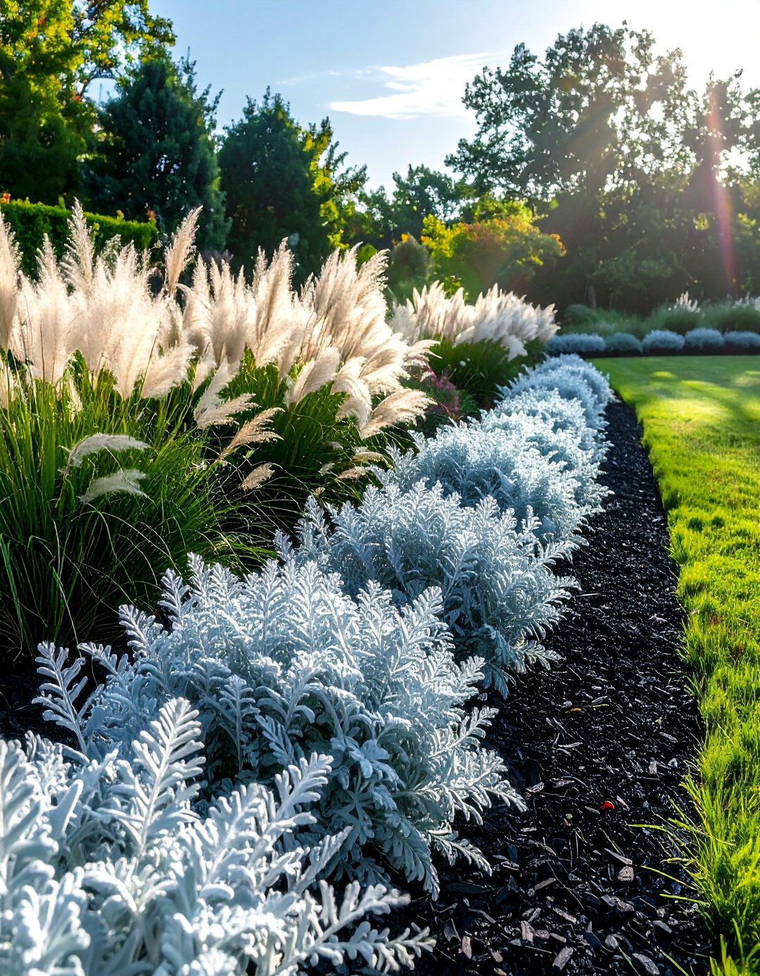 Black Mulch with Silver Leafed Plants - 25 Black Mulch Landscaping Ideas for a Sleek Garden
