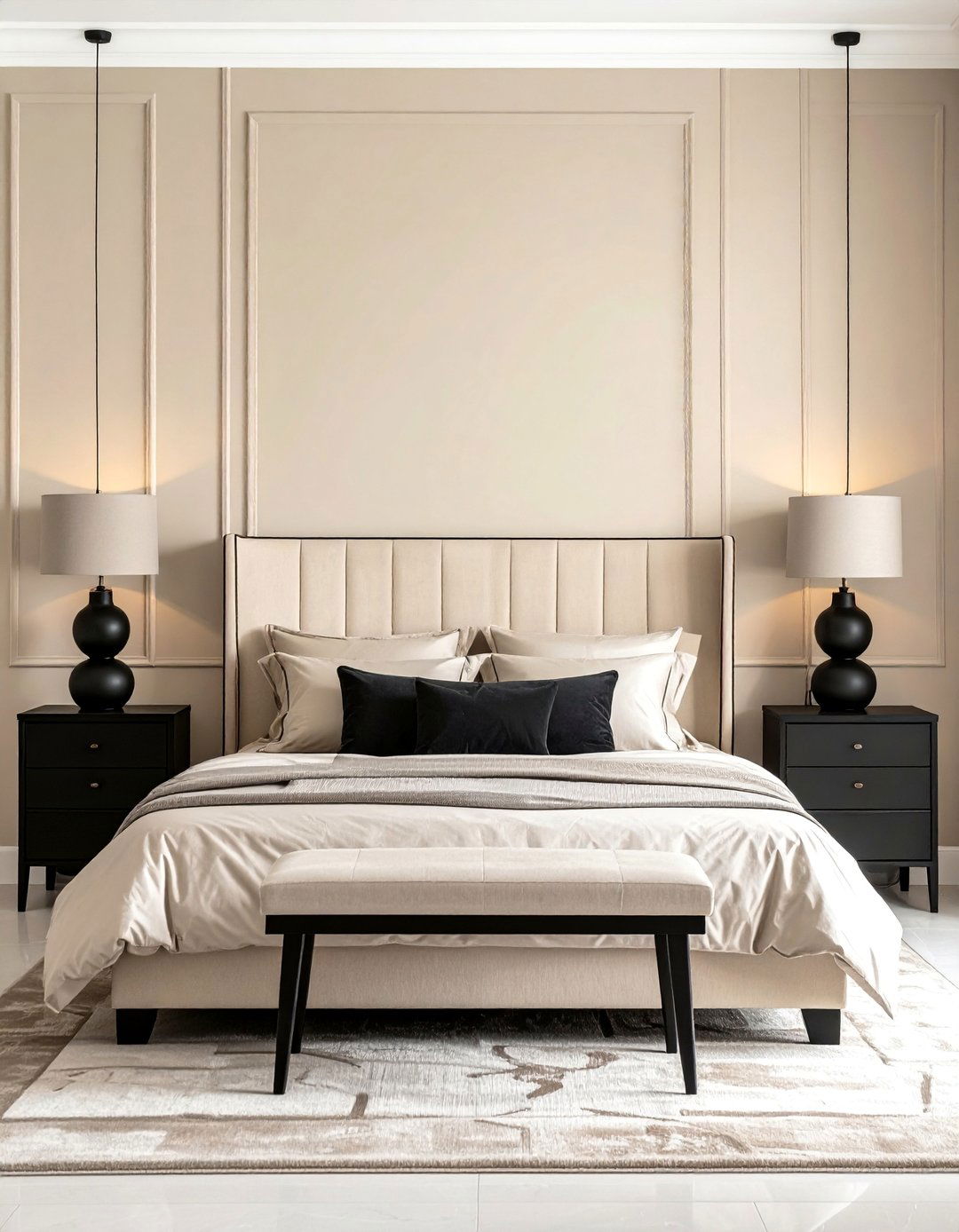 Black Nightstands in a Beige Bedroom - 20 Black and Beige Bedroom Design Ideas for Serenity